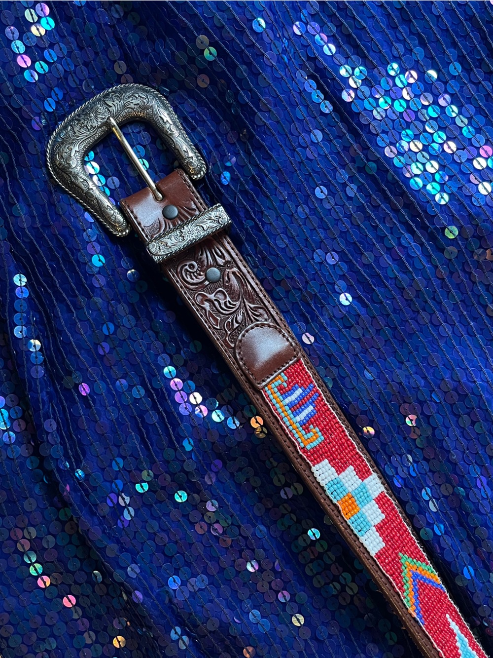 Vintage Western Beaded Silver Belt
